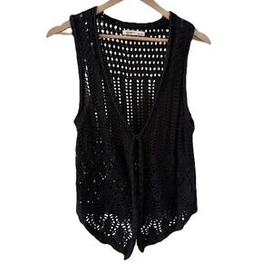 Old Navy Crochet Knit Vest‎ Medium M Black Cotton Open Weave Boho Sleeveless
